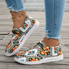 Women's Geometric Pattern Canvas Shoes Casual Lace Up Outdoor Sneakers