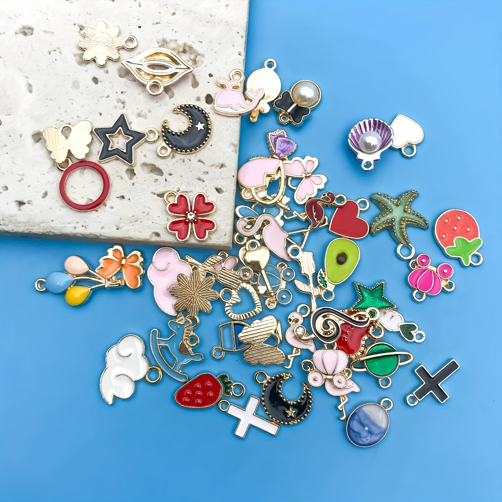 50pcs Enamel Mix Flowers Heart Charms Pendants DIY Jewelry Making