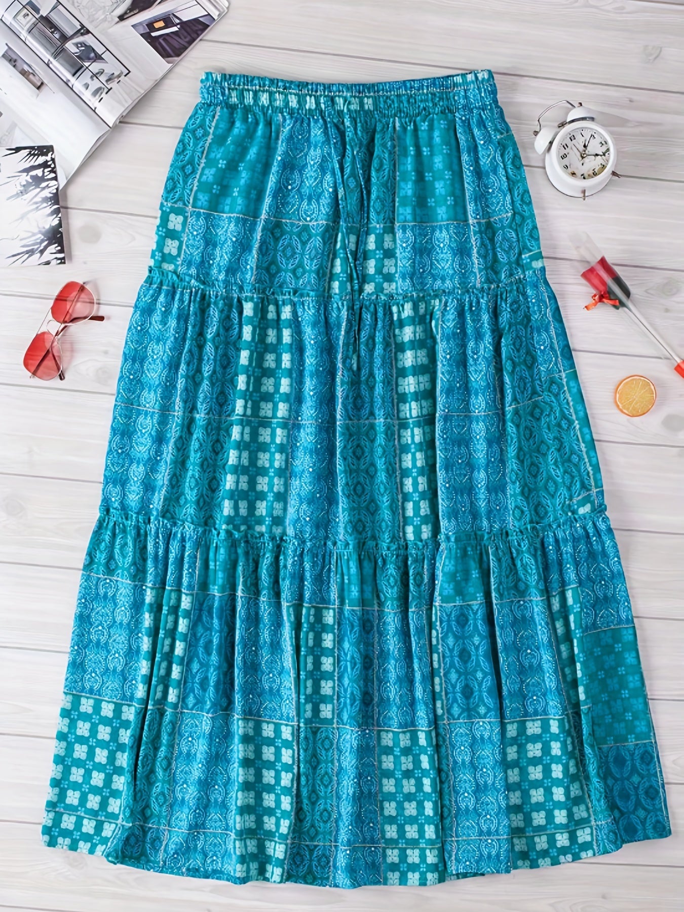 Patchwork Print Boho Skirt Plus Size Smock Drawstring