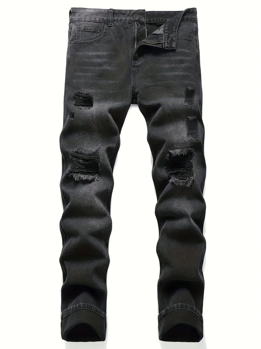 Slim Fit Ripped Jeans Mens Casual Street Style Solid Distressed Denim Pants