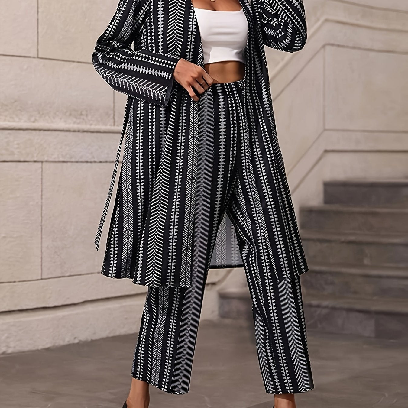  Geo Striped Long Sleeve Coat & Pants Outfits 2 Piece Set