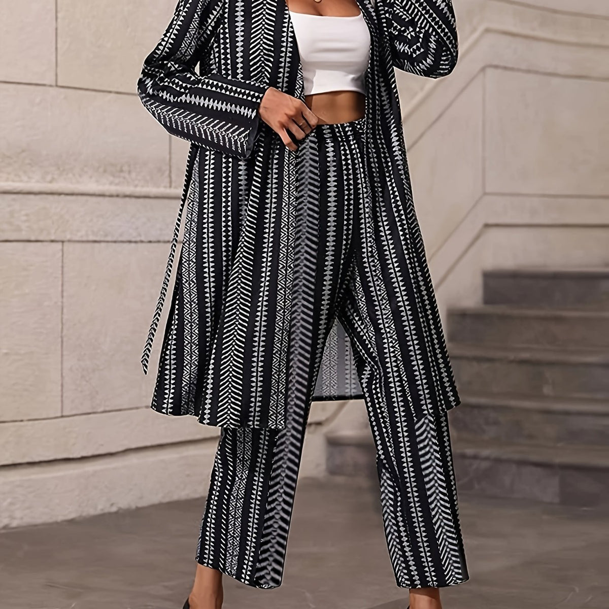  Geo Striped Long Sleeve Coat & Pants Outfits 2 Piece Set