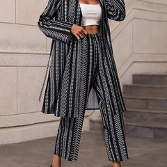  Geo Striped Long Sleeve Coat & Pants Outfits 2 Piece Set