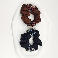 Faux Pearl Double Beaded Scrunchies Hair Tie Hair Rope Satin Ponytail