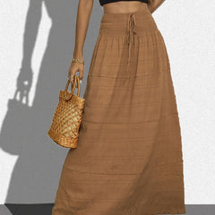  Solid Crinkle Shirred Waist Maxi Skirt