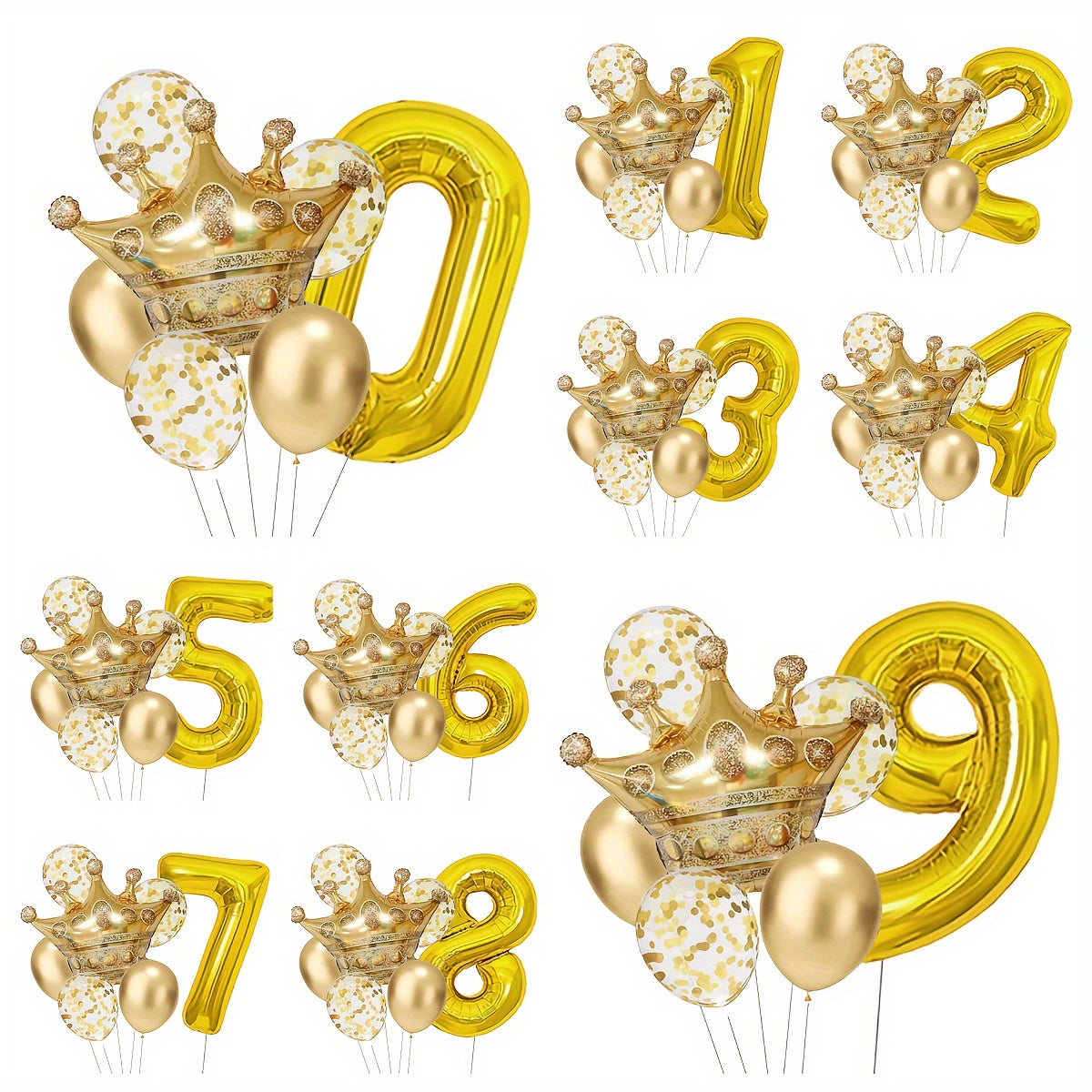 7pcs Metallic Birthday Number Balloon Set Gold Number 0-9 Sequin Balloons