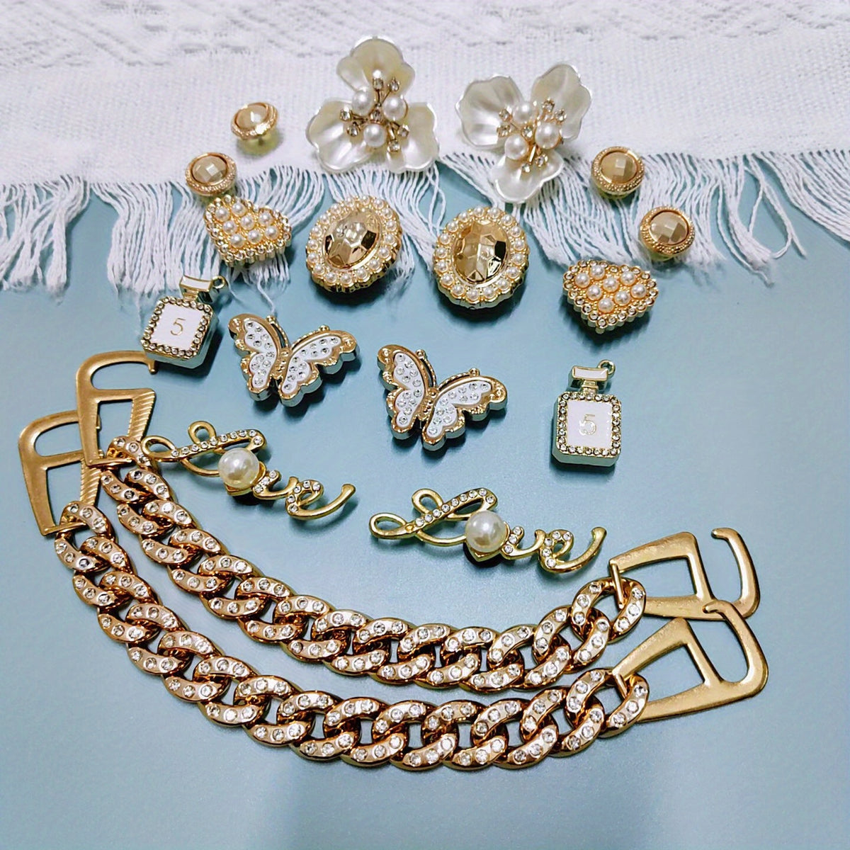 Stylish Shoe Accessories Clover Flower Rhinestone Pearl Chain Party Set