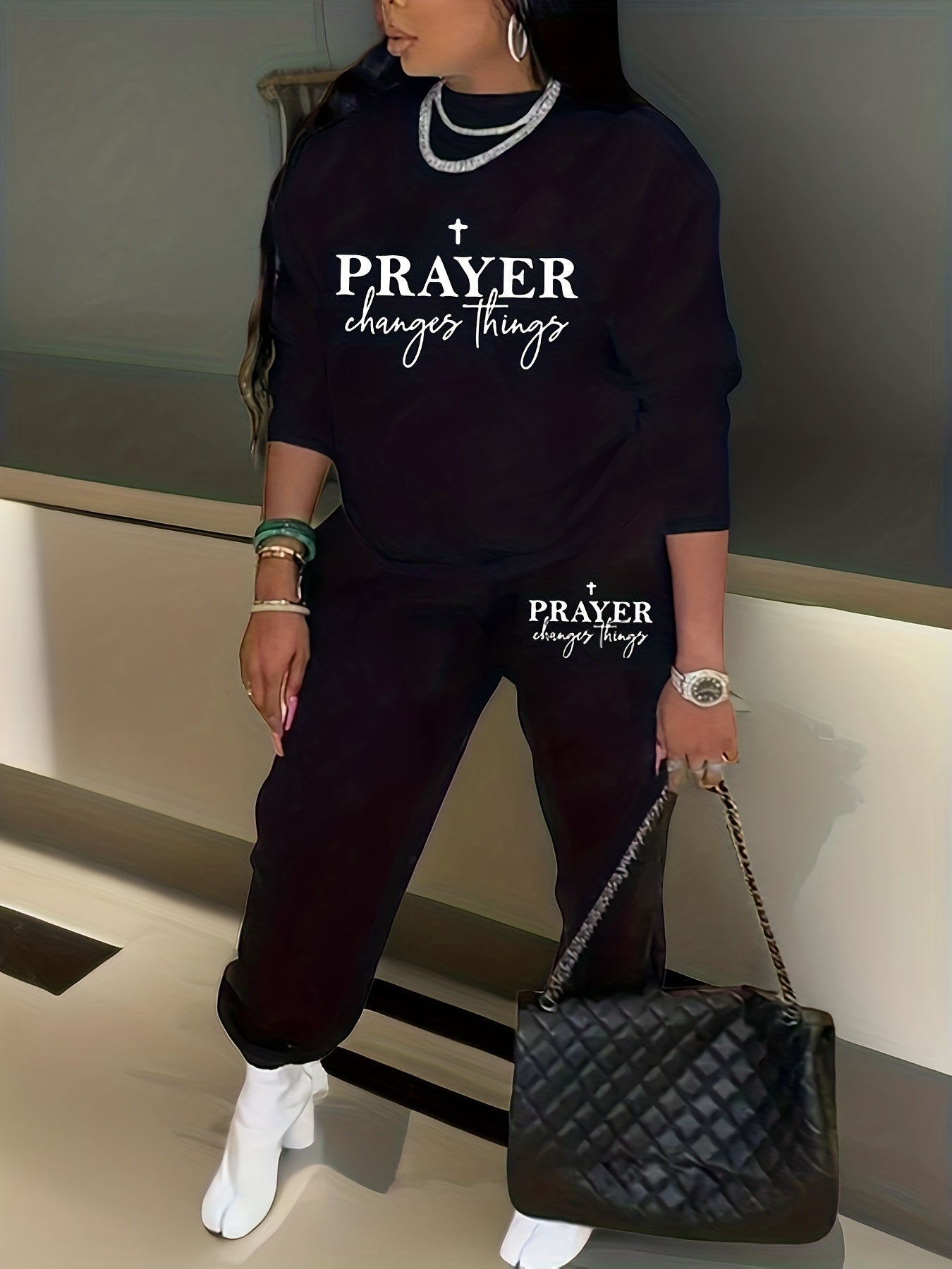 Women's Plus Slogan Print Sweatshirt & Joggers Set