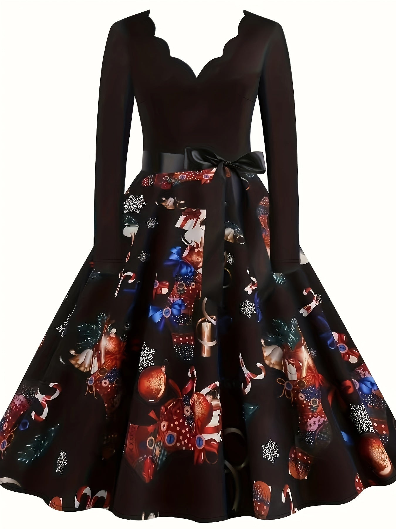  Colorblock Print V Neck Floral Trim Dress