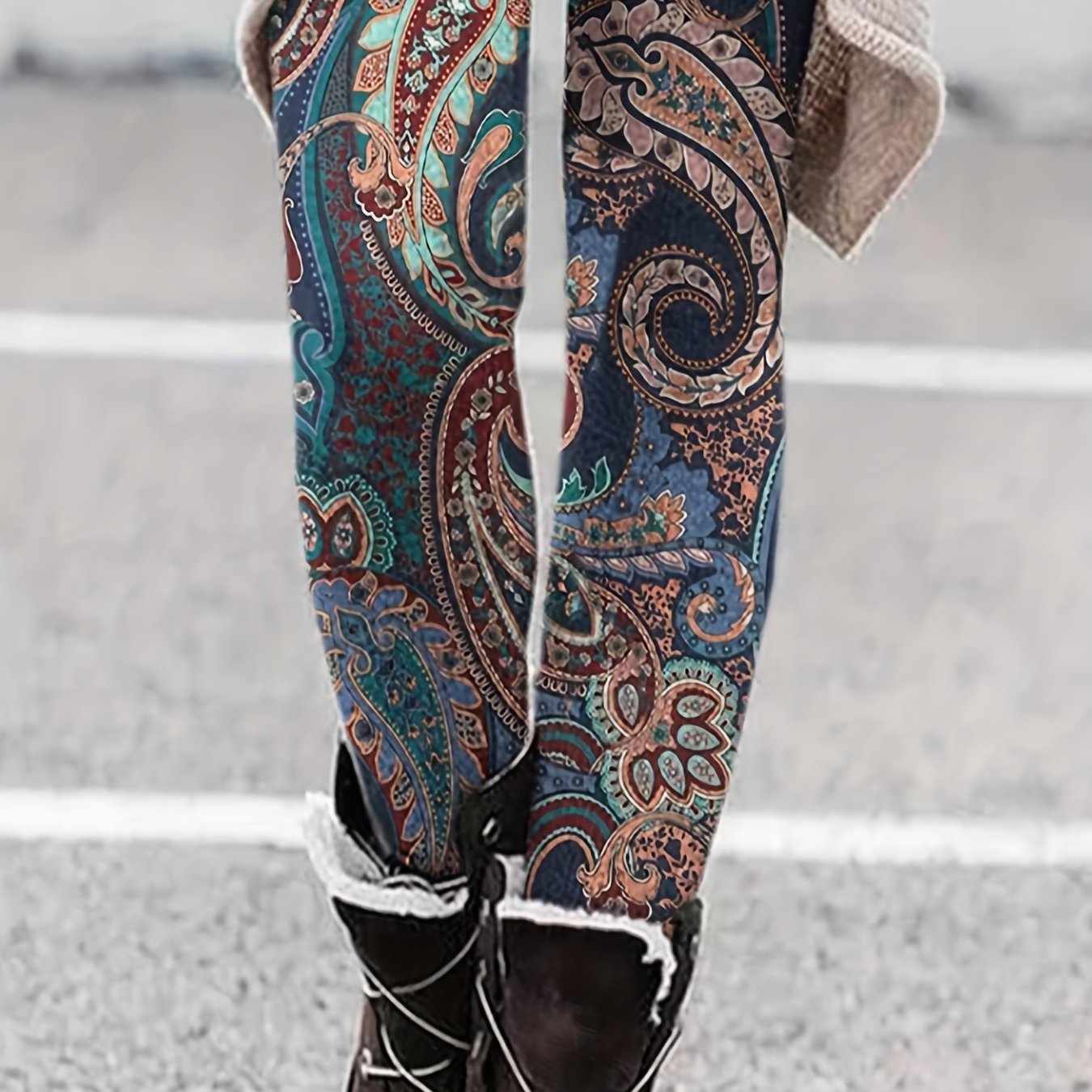  Boho Leggings Women's Plus Paisley Floral Print High Rise