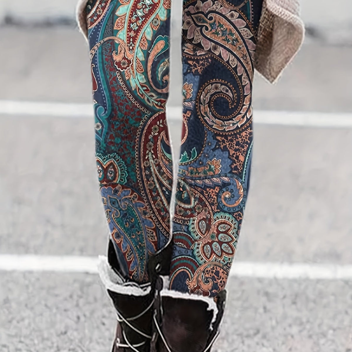  Boho Leggings Women's Plus Paisley Floral Print High Rise