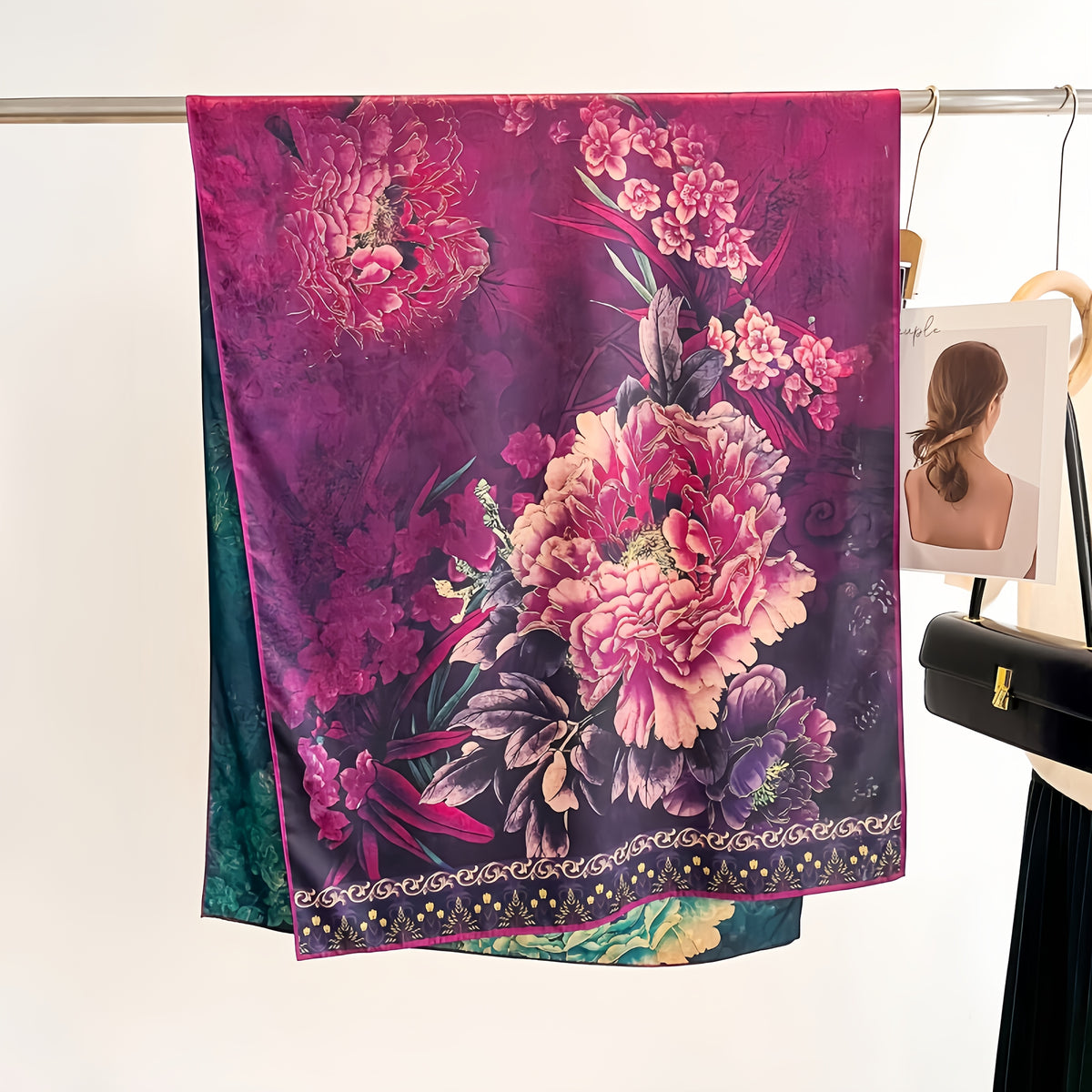 Chinese Style Purple Peony Floral Print Shawl Scarf Lightweight Silk