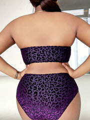  Leopard Print Bikini Set Bandeau Bra & High Waisted Panty Swimsui
