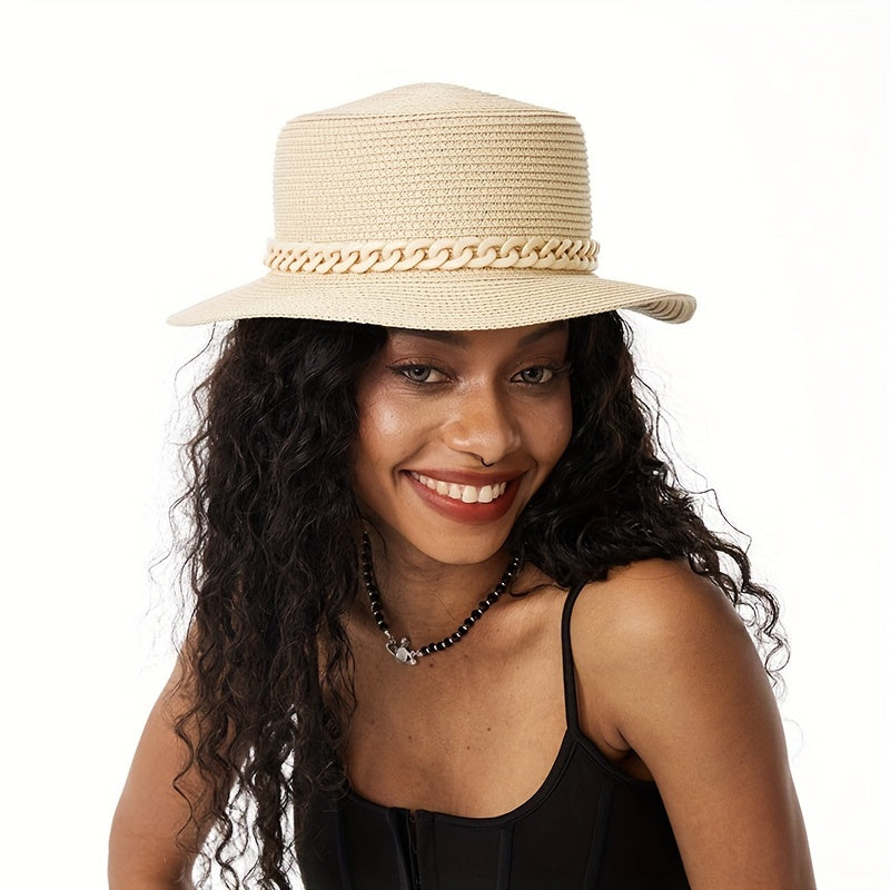 Flat Top Straw Fedora Cap with Detachable Chain - British Jazz Hats for Women