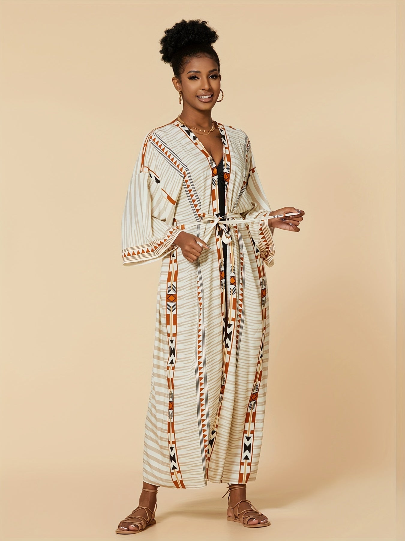  Boho Cover Up Women's Plus Tribal Print Long Sleeve Cover Up