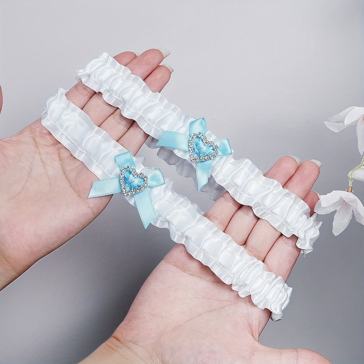 Bridal Elastic Crinkle Band Sock Strap Set Rhinestone Bowknot Ribbon Leg Band
