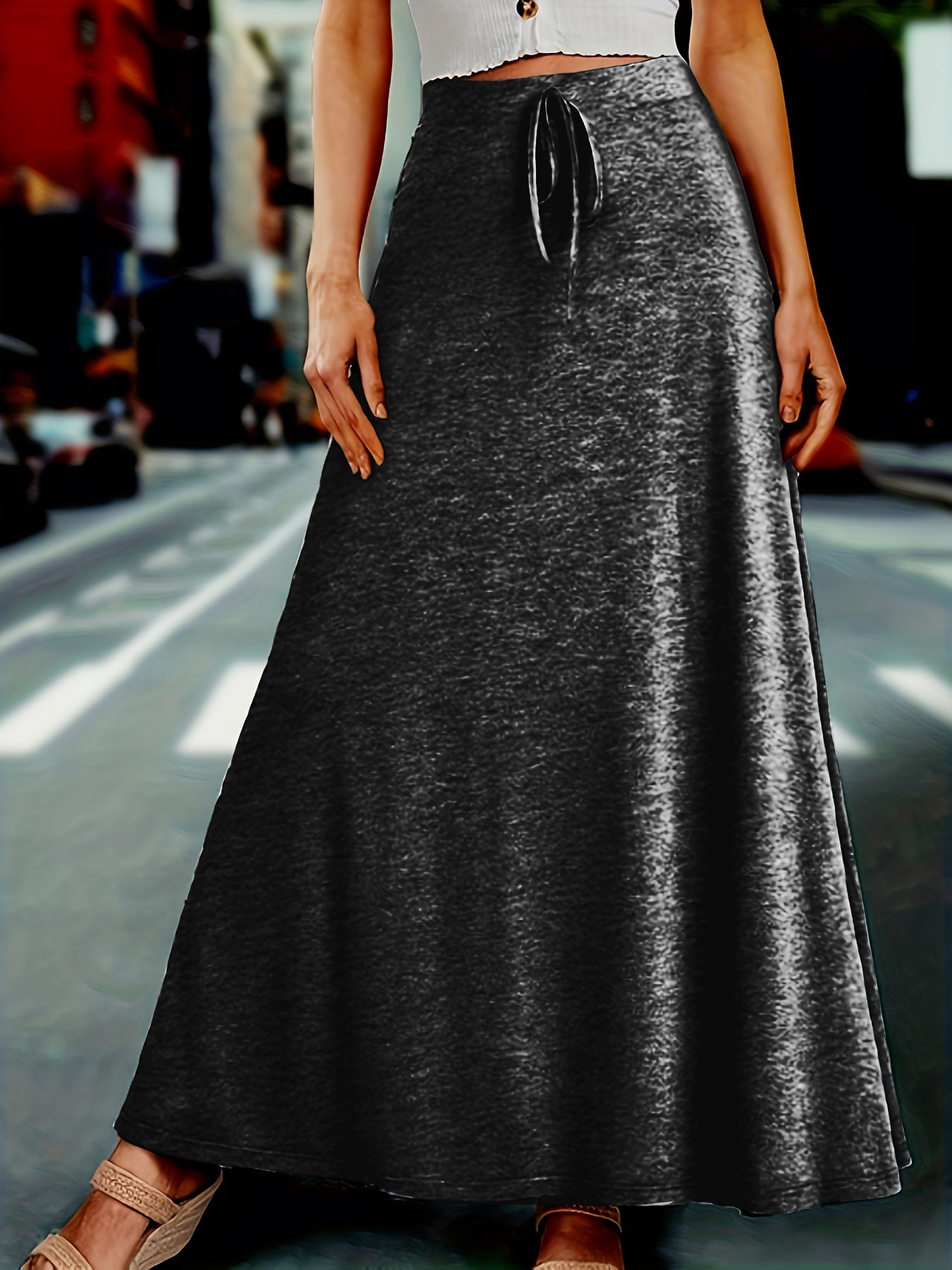  Solid Drawstring High Rise Maxi Skirt