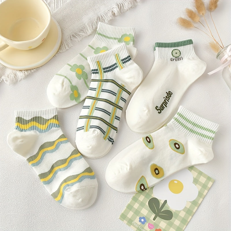 5 Pairs Floral Striped Socks Women's Stockings
