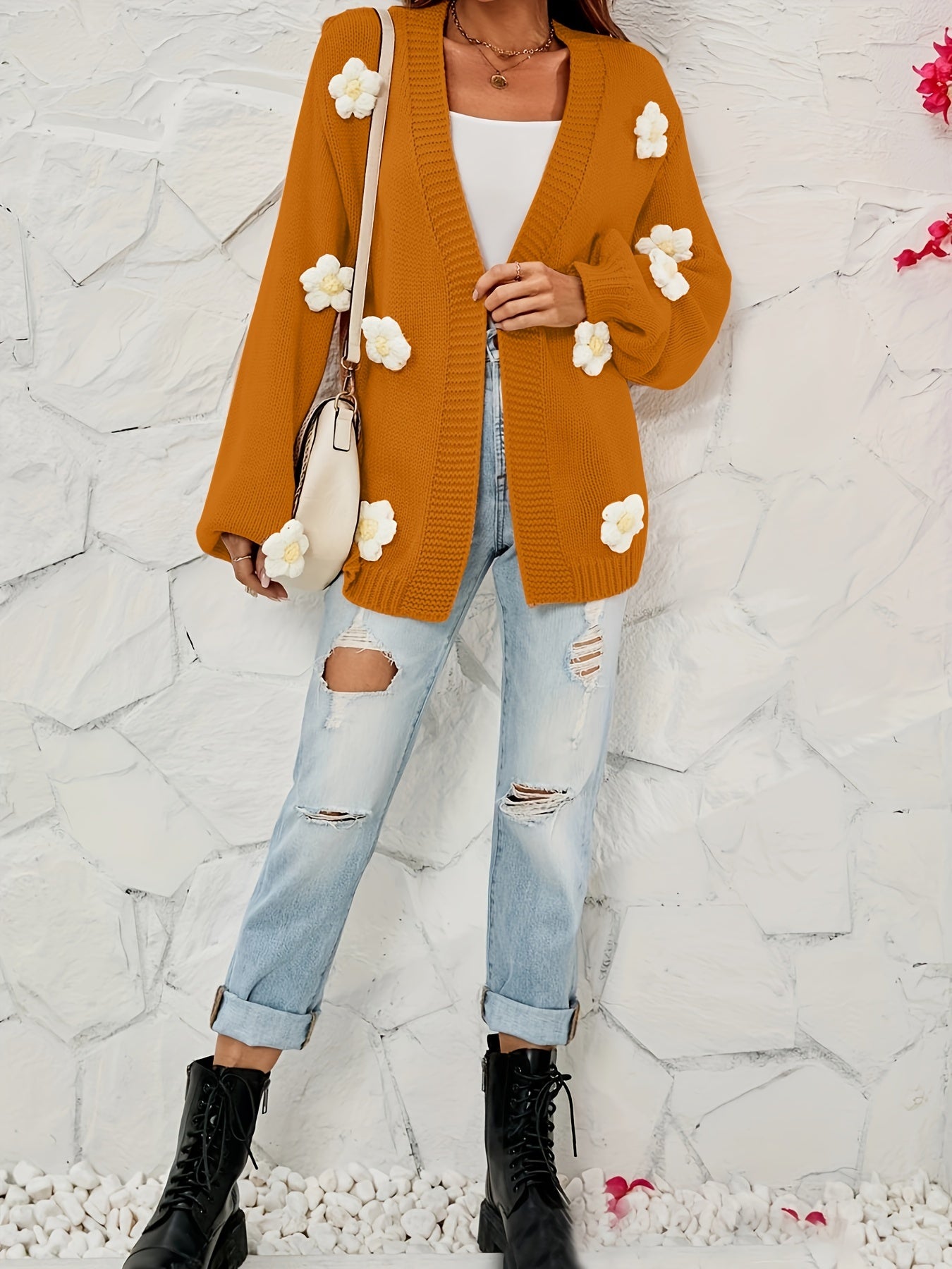  Casual Cardigan Women's Plus Floral Applique Lantern Sleeve
