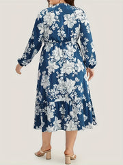  Floral Print V Neck Midi Dress With Pockets