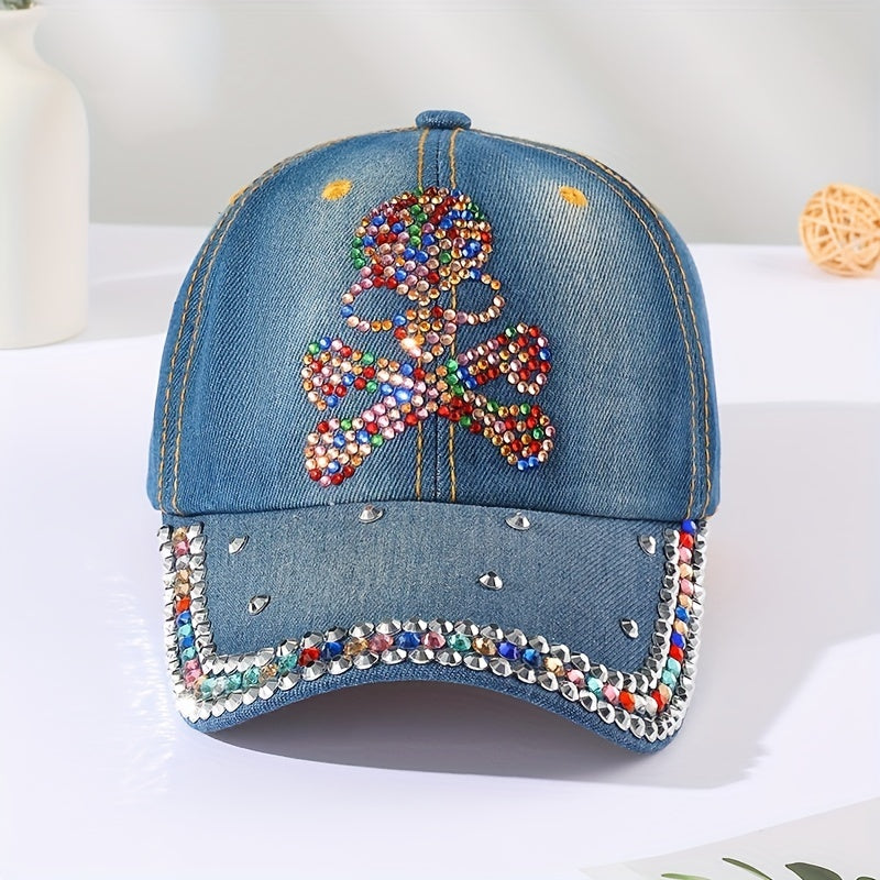 Skull Decor Baseball Cap Denim Distressed Dad Hat Sun Hats For Women