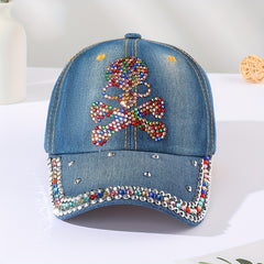 Skull Decor Baseball Cap Denim Distressed Dad Hat Sun Hats For Women