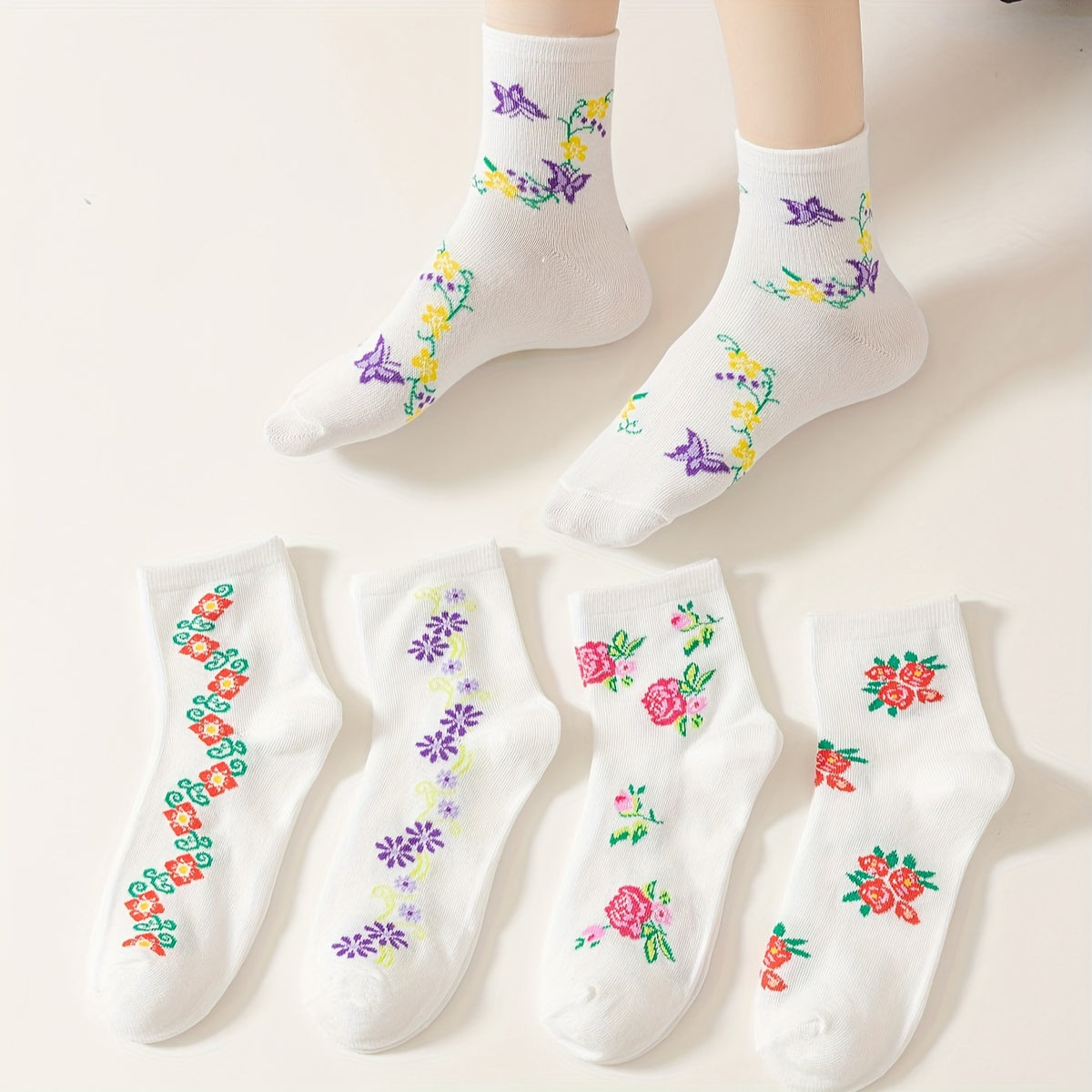 5 Pairs Floral Print Socks Mid Tube Women's Stockings