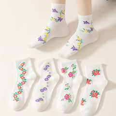 5 Pairs Floral Print Socks Mid Tube Women's Stockings