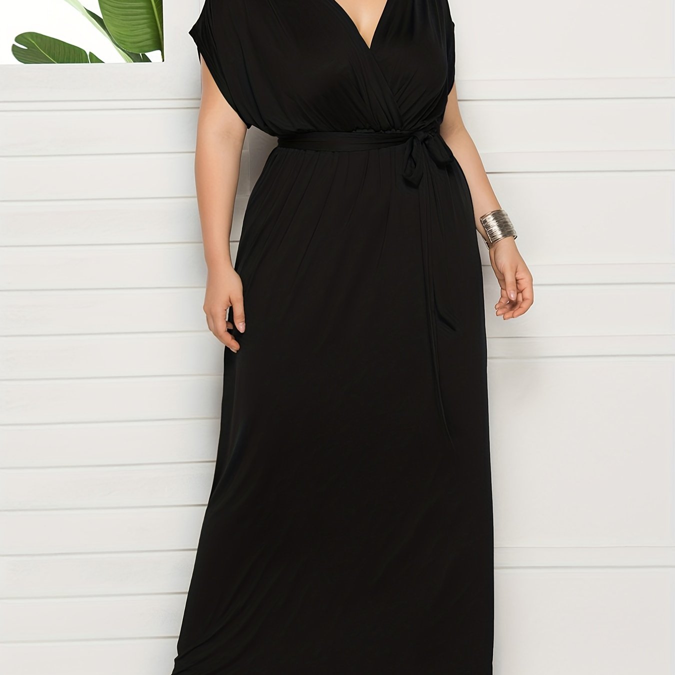  Solid Bat Sleeve Maxi Dress With Belt