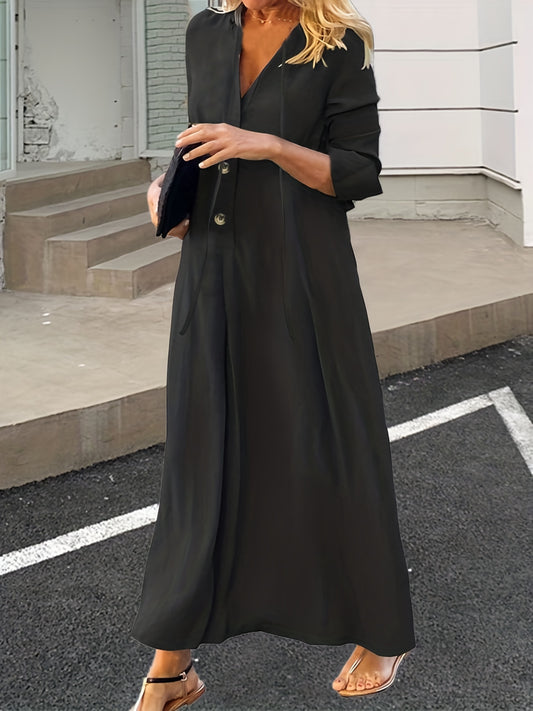  V Neck Button Up Shirt Dress Long Sleeve