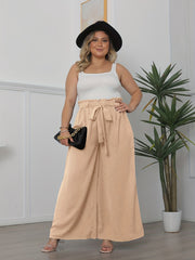 Plus Solid Ruffle Trim Elastic High Rise Wide Leg Trousers