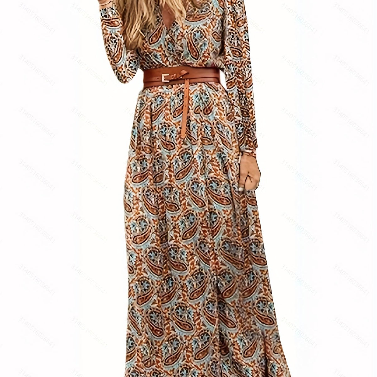 Paisley Print V Neck Dress Boho Long Sleeve High Waist Maxi Dress