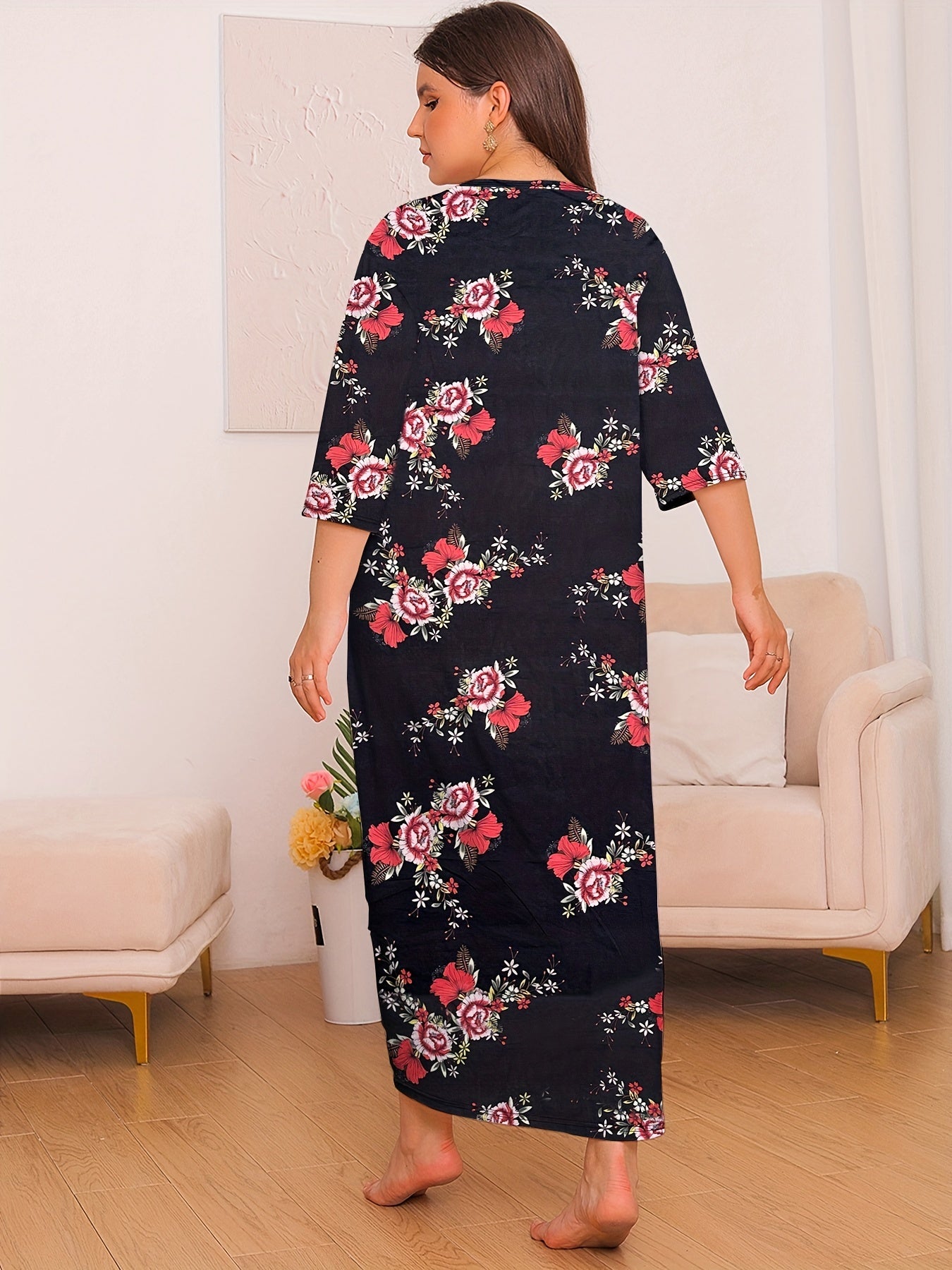  Floral Print Lounge Dress Three Quarter Sleeve Round Neck Nightdress