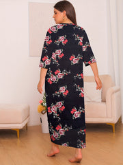  Floral Print Lounge Dress Three Quarter Sleeve Round Neck Nightdress