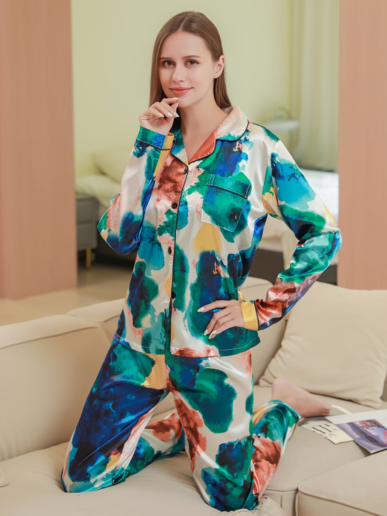 Colorblock Pajama Set Long Sleeve Top & Pants