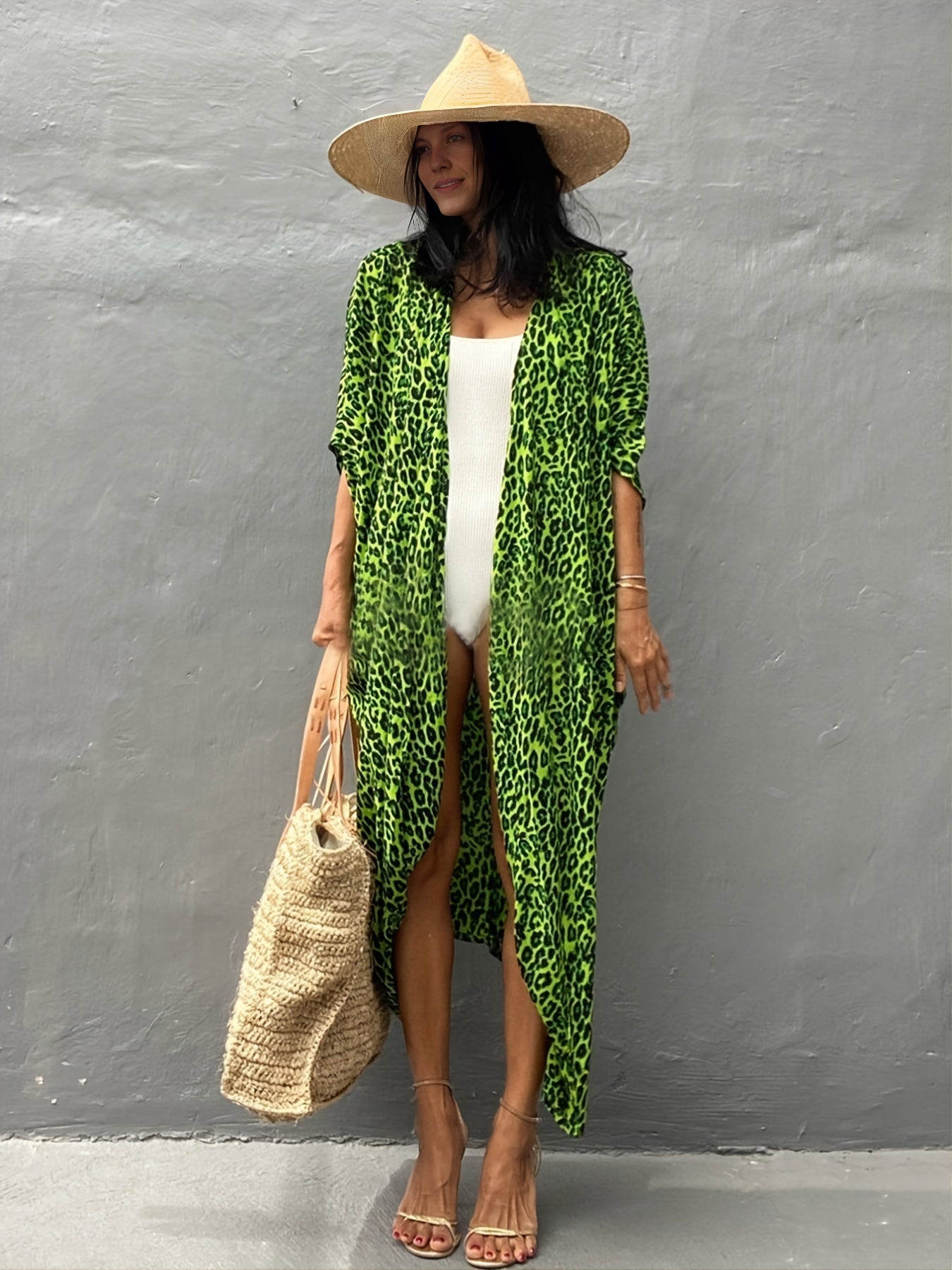 Leopard Print Cover Up Shirt V Neck Half Sleeve Loose Fit