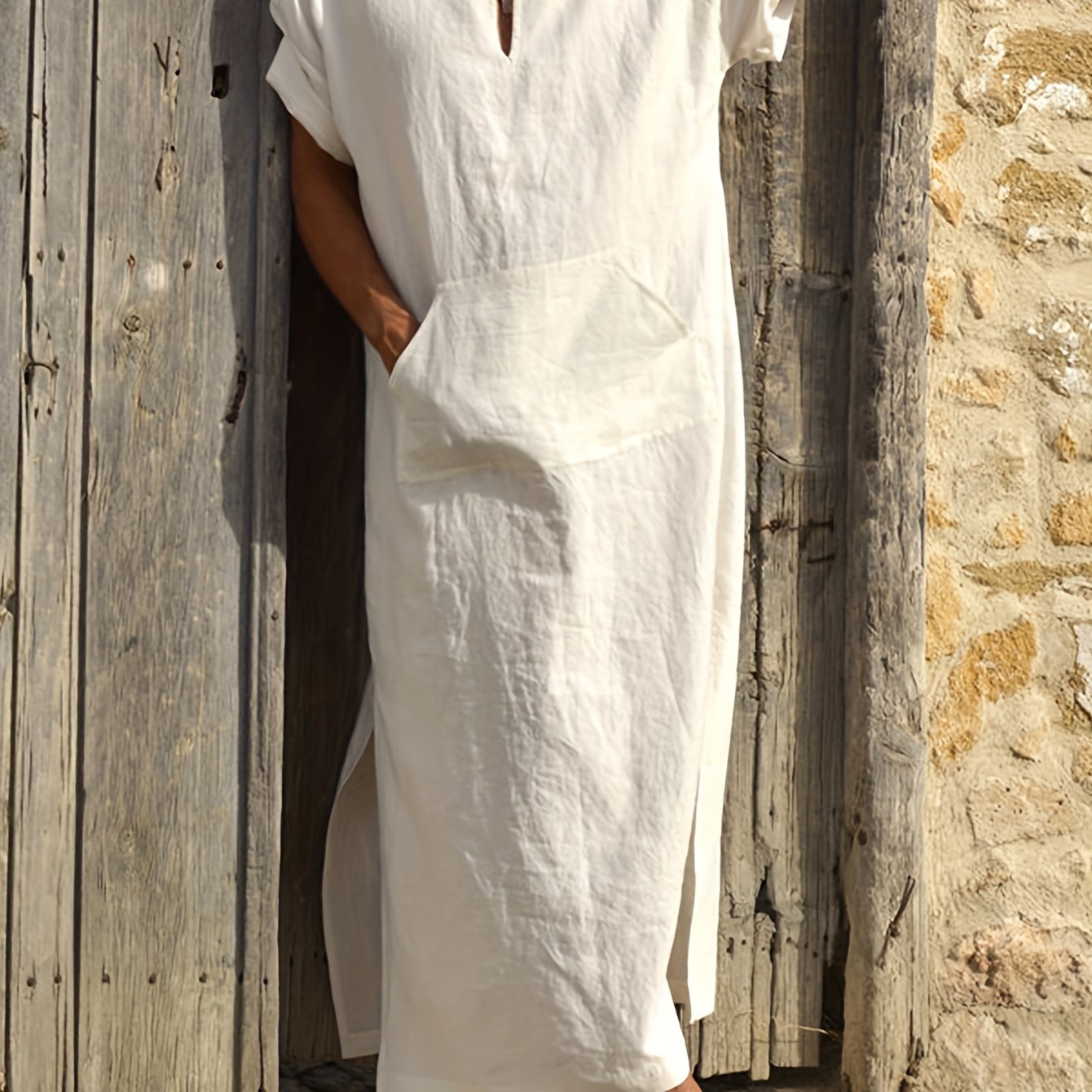 Vintage Islamic Arabic Kaftan For Men Long Sleeve V Neck Muslim Clothes