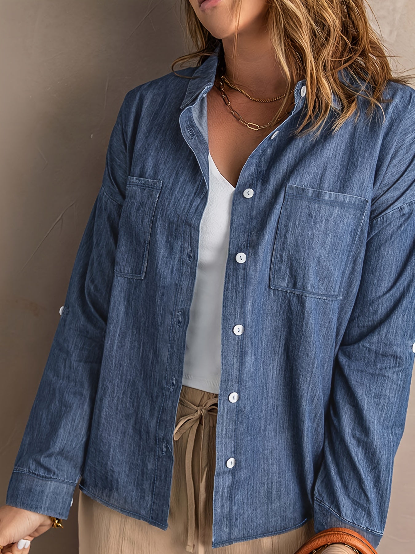  Casual Denim Top Women's Plus Button Up Long Sleeve