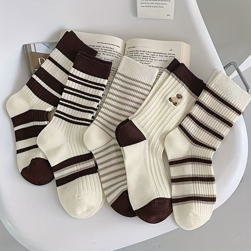 5 Pairs Striped & Bear Print Socks Mid Tube Women's Stockings
