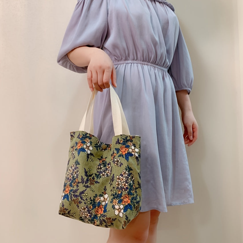 Floral Pattern Corduroy Handbag Lunch Bag Snap Button Satchel Purse