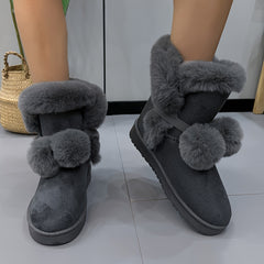 Women's Pompom Thermal Snow Boots Non Slip Flat Snow Shoes