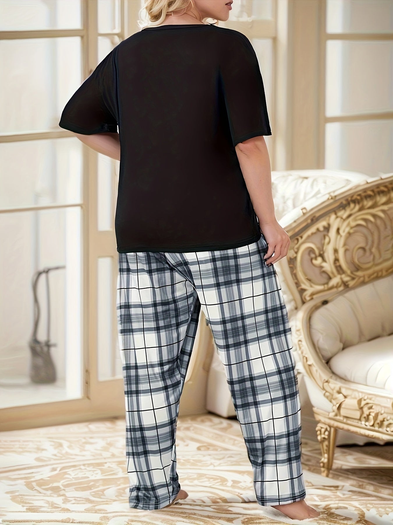  Plaid Print Tee & Pants Lounge 2 Piece Set