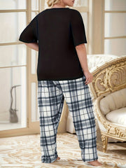  Plaid Print Tee & Pants Lounge 2 Piece Set
