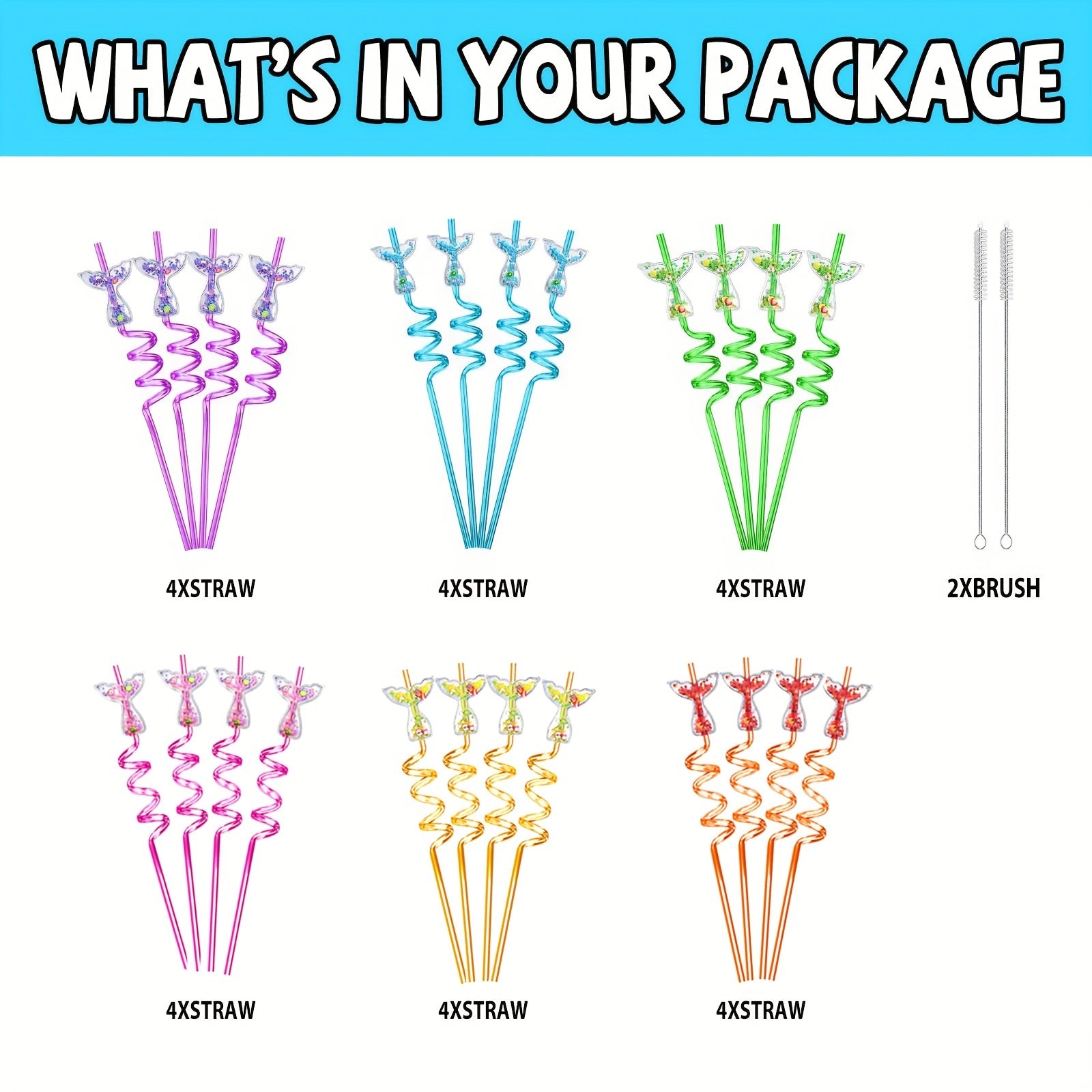 24pcs Mermaid Reusable Straws with Brush for Milk Water Drinking