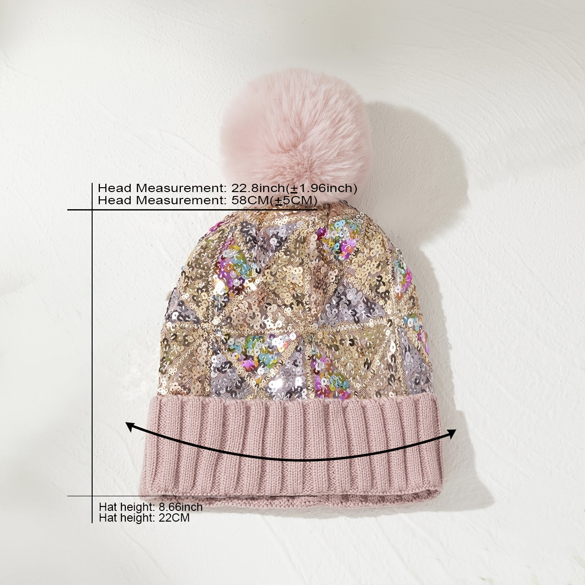 Sequin Pompom Beanie Warm Plush Knit Hat Soft & Comfortable Elastic Hats