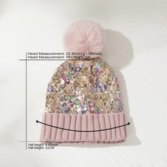 Sequin Pompom Beanie Warm Plush Knit Hat Soft & Comfortable Elastic Hats