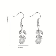 Silvery Leaf Rhinestone Faux Pearl Pendant Earrings Sexy Style