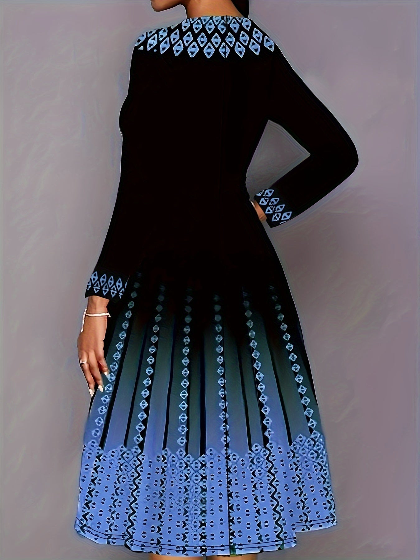  Women's Geo & Ombre Print Long Sleeve Round Neck A line Formal Dress