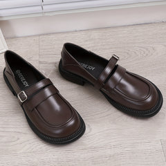 Women's Chunky Heel Loafers British Style Buckle Strap Shoes