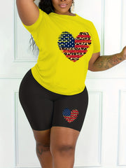  Colorblock Leopard & Heart & Flag Print Top & Shorts Set